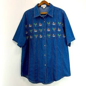 Vintage Mandal Bay Denim Button Up Shirt Farm Chicken Eggs Women's 1X Plus Jean